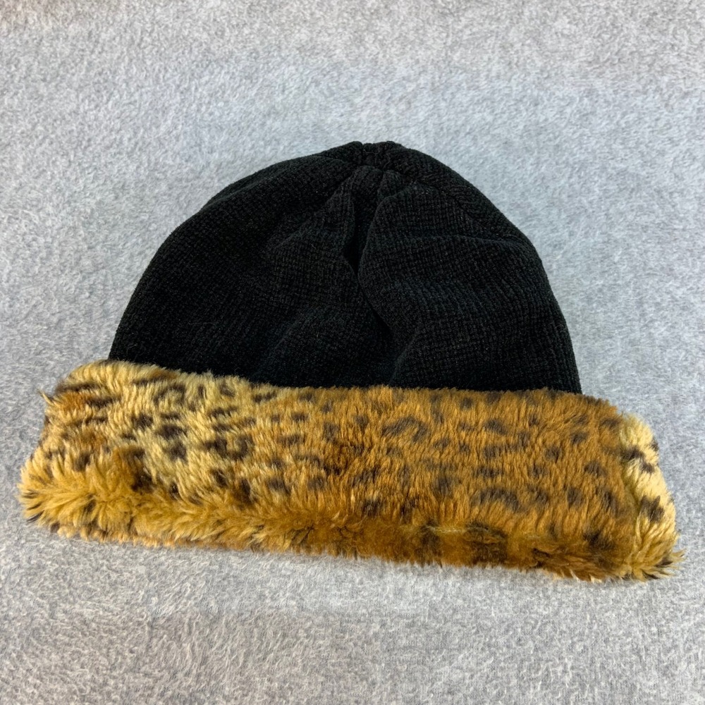 Leopard Faux Fur Trim Women Black Unbranded Knit Beanie Hat One Size